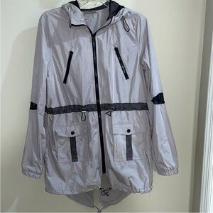 Betsey Johnson Windbreaker Jacket Silver Gray Black Mid Length Size Medium NWOT
